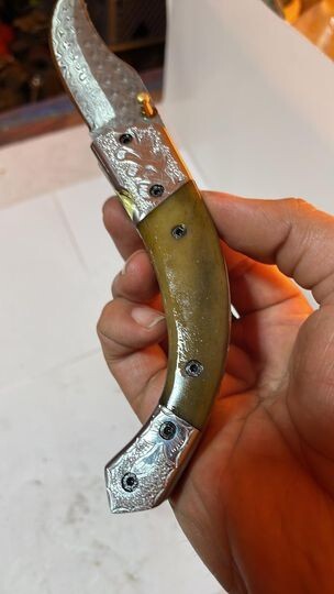 4" Damascus Pocket Knife w/ Engraved Handle Custom Hunting Fold Knife