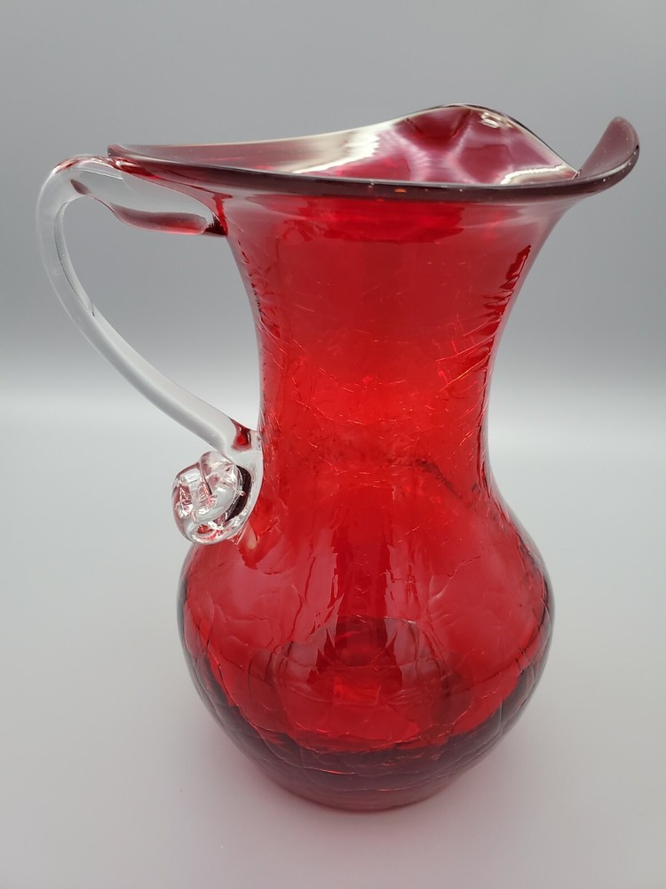 VINTAGE RED CRACKLE ART GLASS PITCHER WITH APPLIED HANDLE