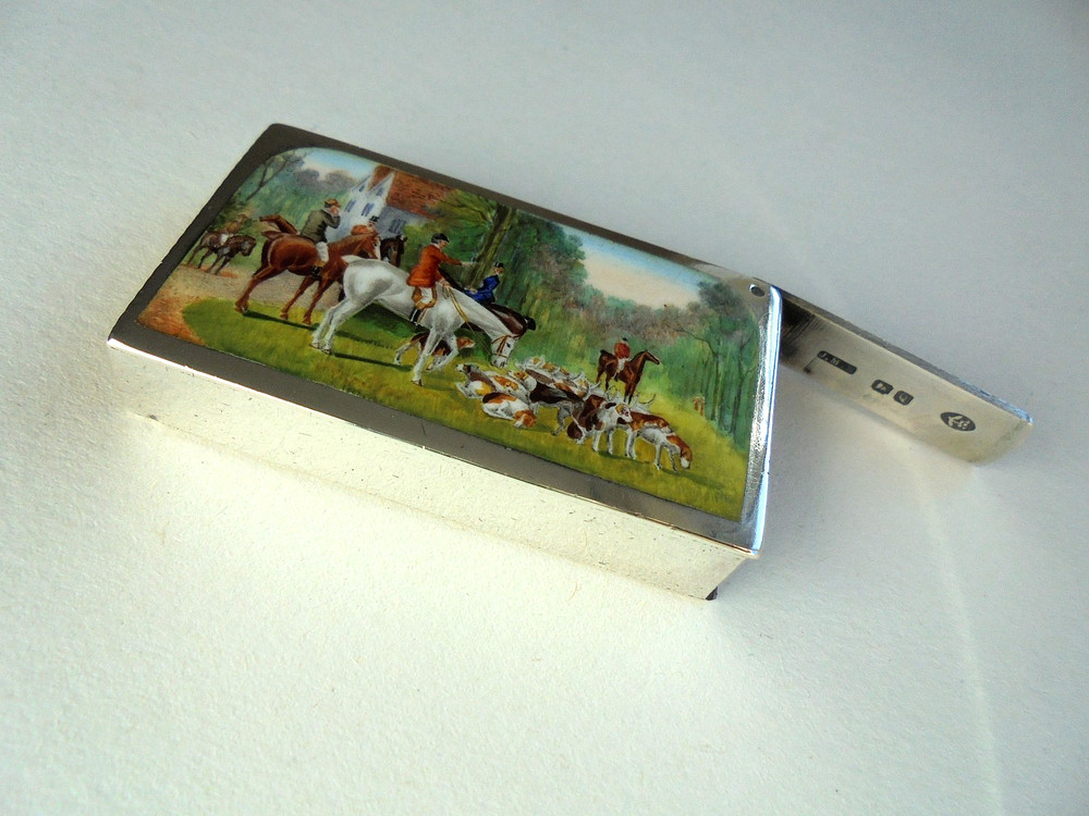 Silver & Enamel Vesta Case Fox Hunting Scene 1899