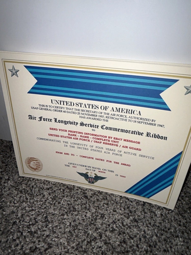 U.S. AIR FORCE LONGEVITY RIBBON COMMEMORATIVE CERTIFICATE ~ W/PRINTING TYPE-1