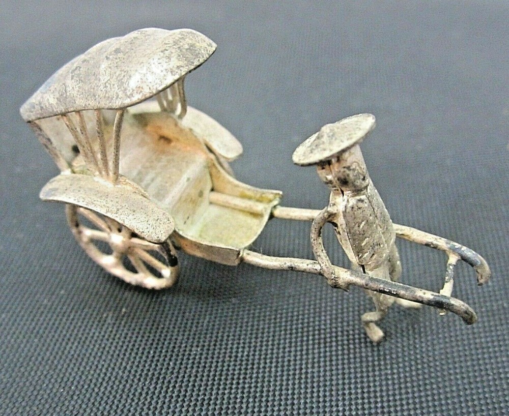 Antique Silver Plated Small Oriental Man Pulls Cart Wheels Move Rickshaw