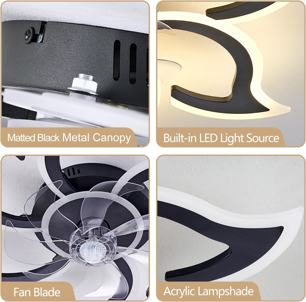 Black Ceiling Fan with Lights, 35" Modern Light 35"-Black