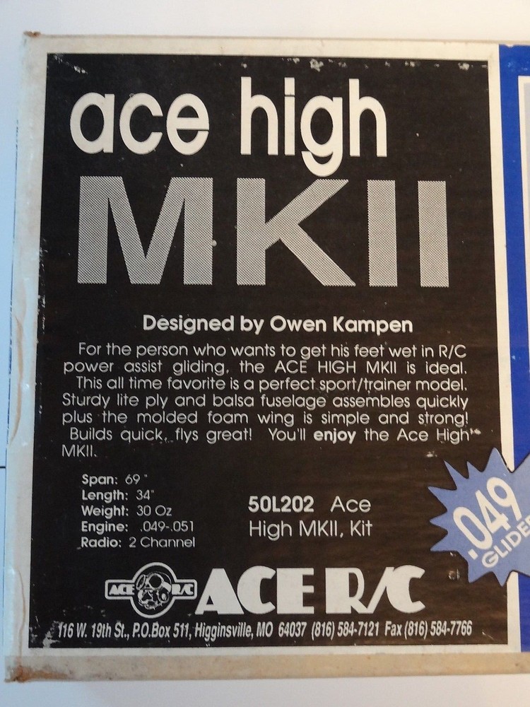 ACE HIGH MK II PLAN + PARTS PATTERNS for a 70" RC Powered Glider Model Airplane
