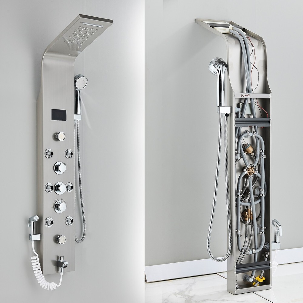 Brushed Nickel Shower Panel Tower System Rainfall Head Massage System Body Jet