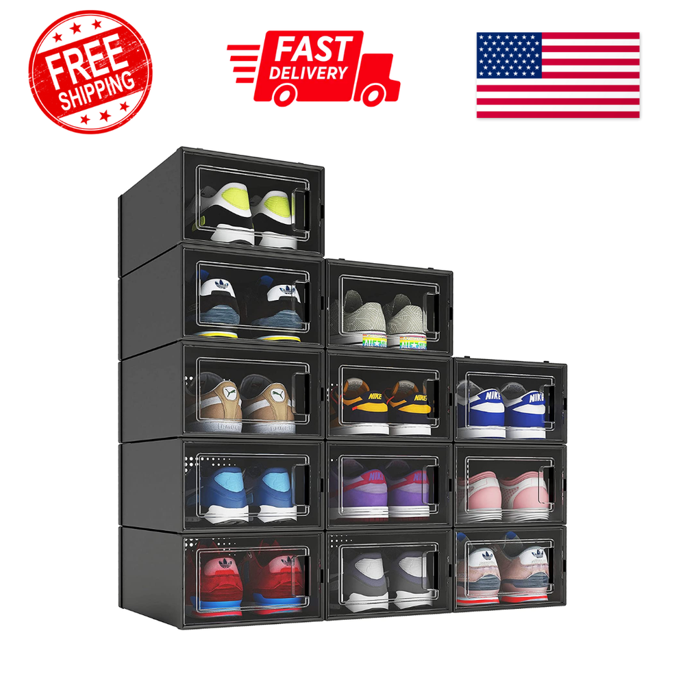 12 Pack Shoe Organizer Boxes, Black Plastic Stackable Shoe Storage Bins