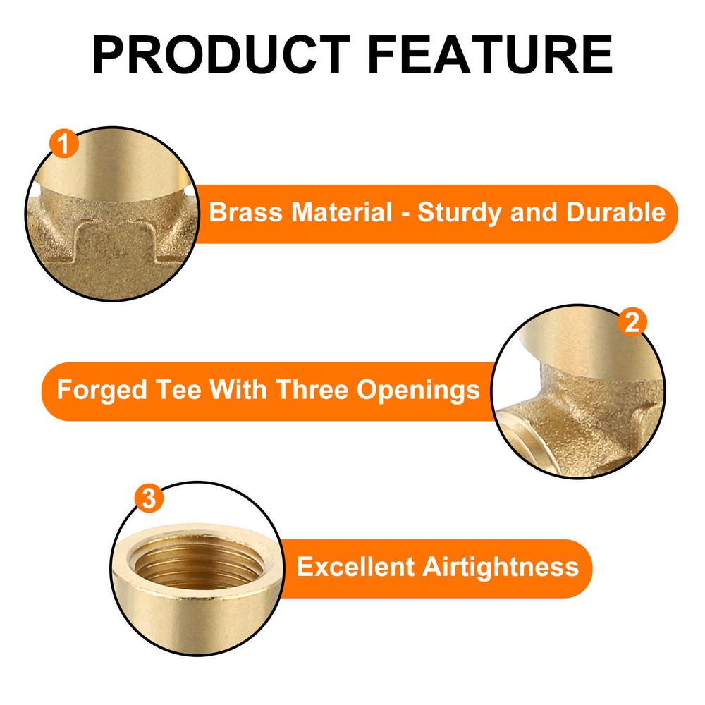 Brass Tee Pipe Fitting, G1/8" 3 Way T-Connector Fitting Coupler Adapter, 2pcs