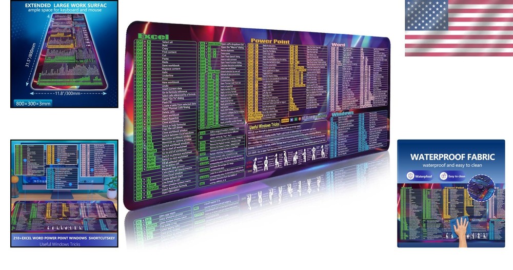 Excel Word Windows powerpoint Cheat Sheet Mousepad, Extended Large Office Shortc