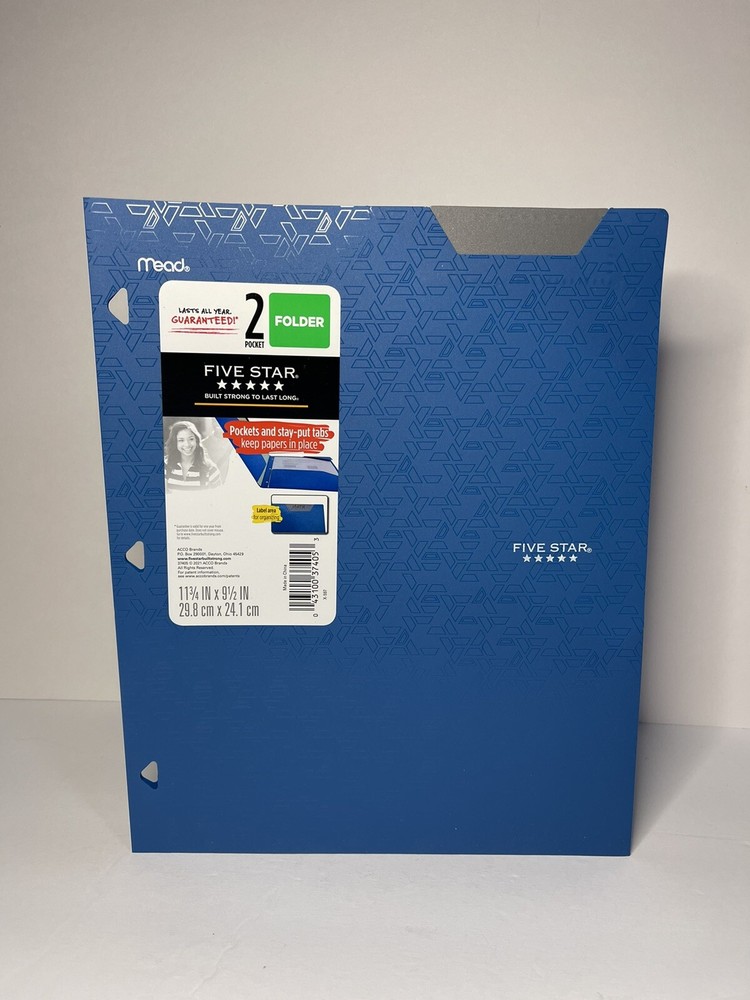 New Five Star Mead Blue Plastic 2 Pocket Folder Label Area Triangle Holes Plain