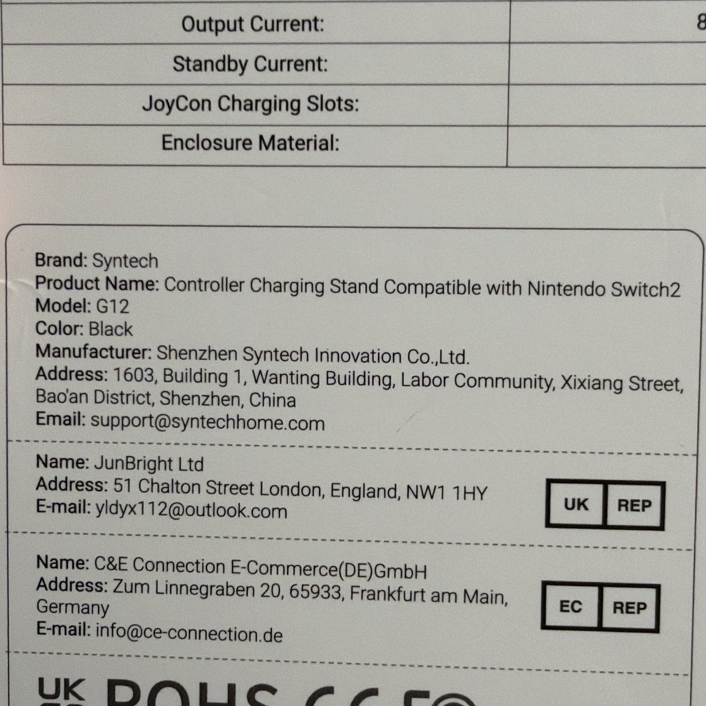 Syntech Nintendo Switch 2 USB Controller Charging Stand Station G12 Black Sealed