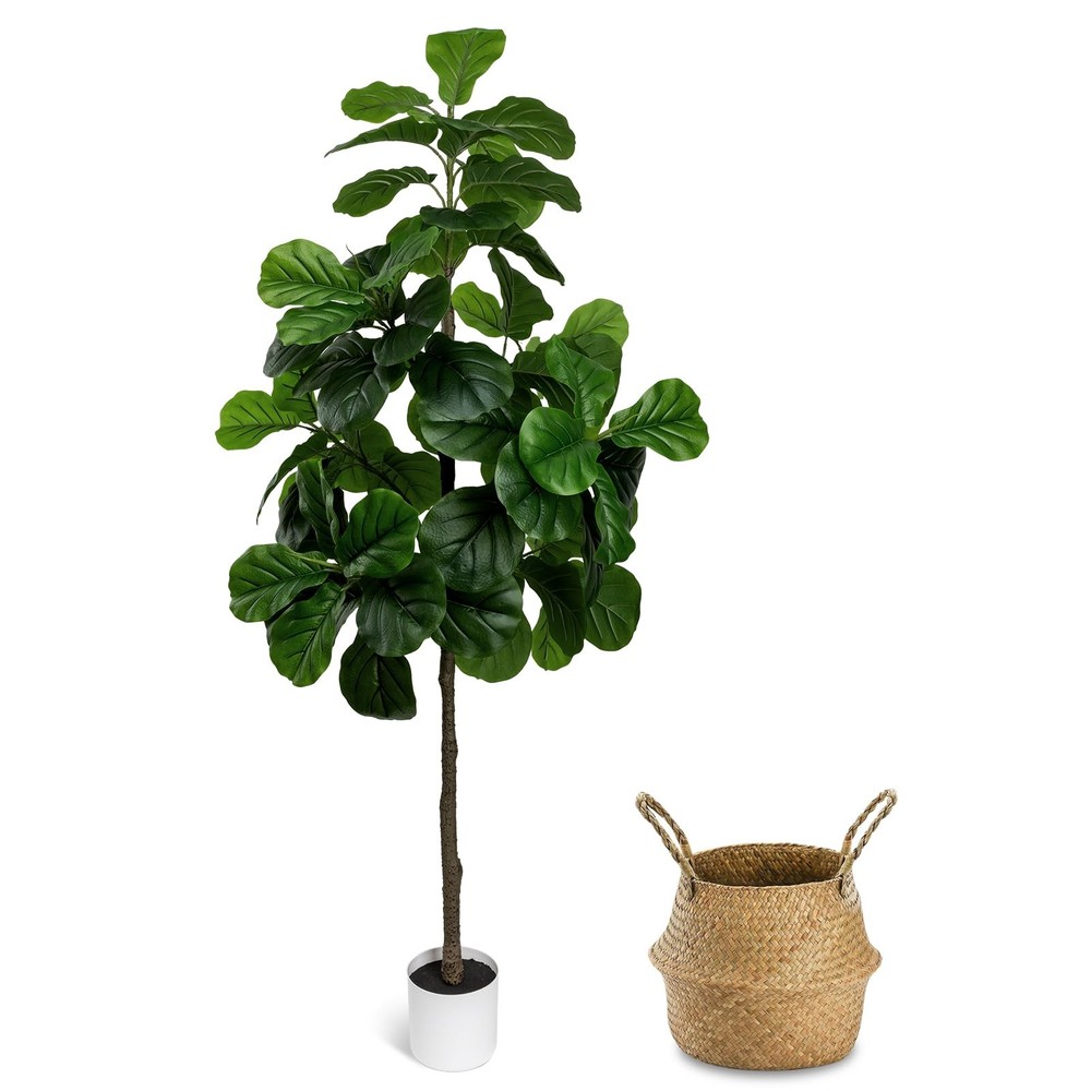 Artificial Fiddle Leaf Fig Tree 6FT - Large Fake Tree with White Planter & Bask