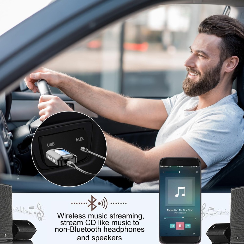 USB Bluetooth 5.0 Transmitter Receiver, Wireless Audio Adapter w/Screen &Micr...