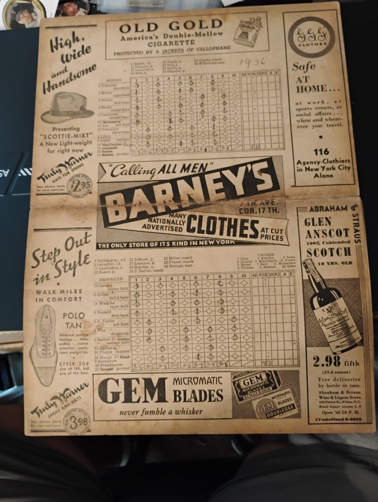 1936 Boston Bees vs Brooklyn Dodgers Program (scored) very good
