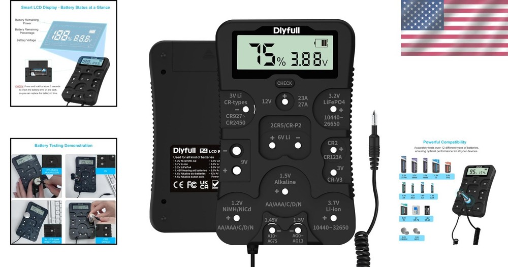 Portable Battery Checker with LCD Display, Compatible with AA, AAA, C, D Cells