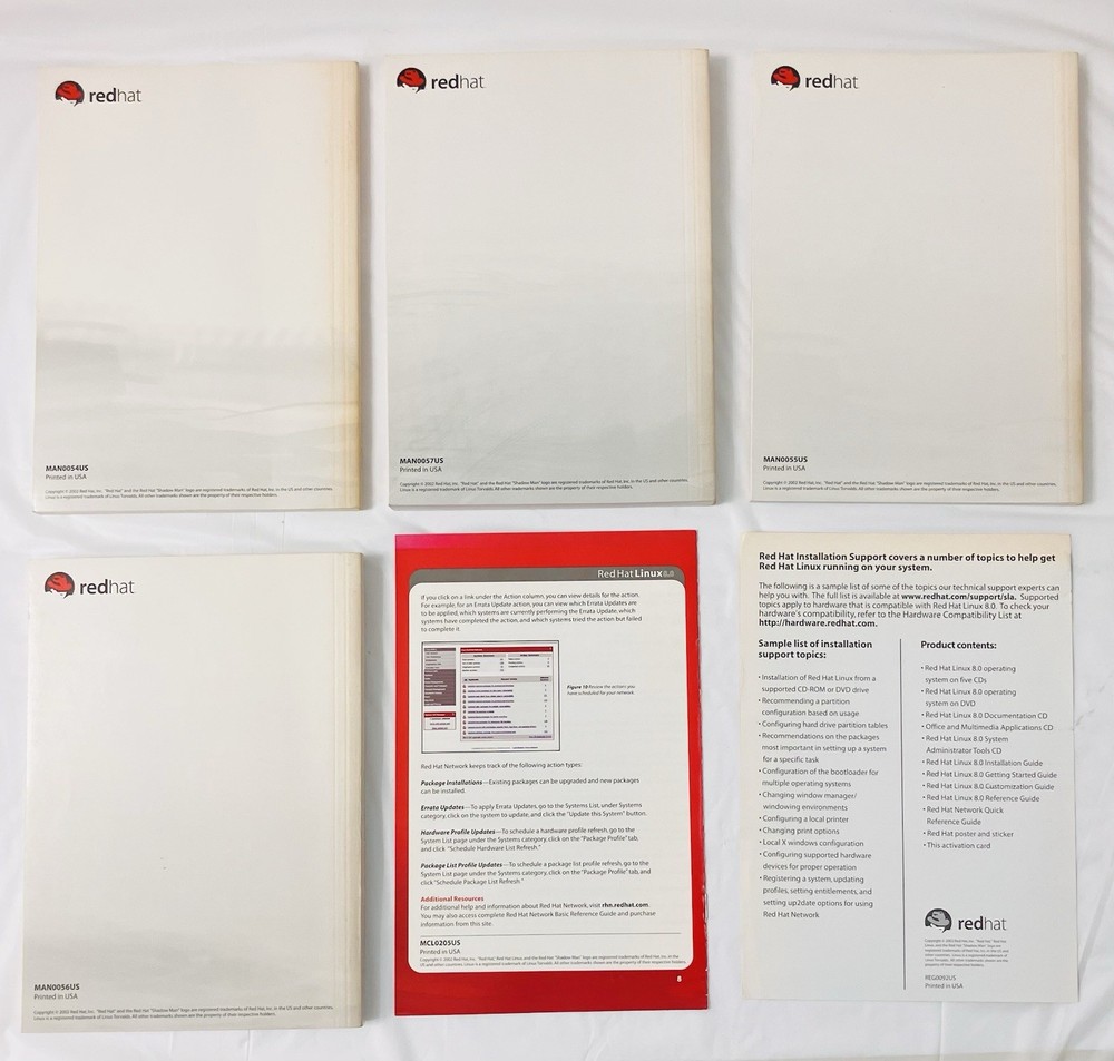 Red Hat Linux 8.0 Manual Set 6 pc Vintage OS Installation Reference Guides 2002
