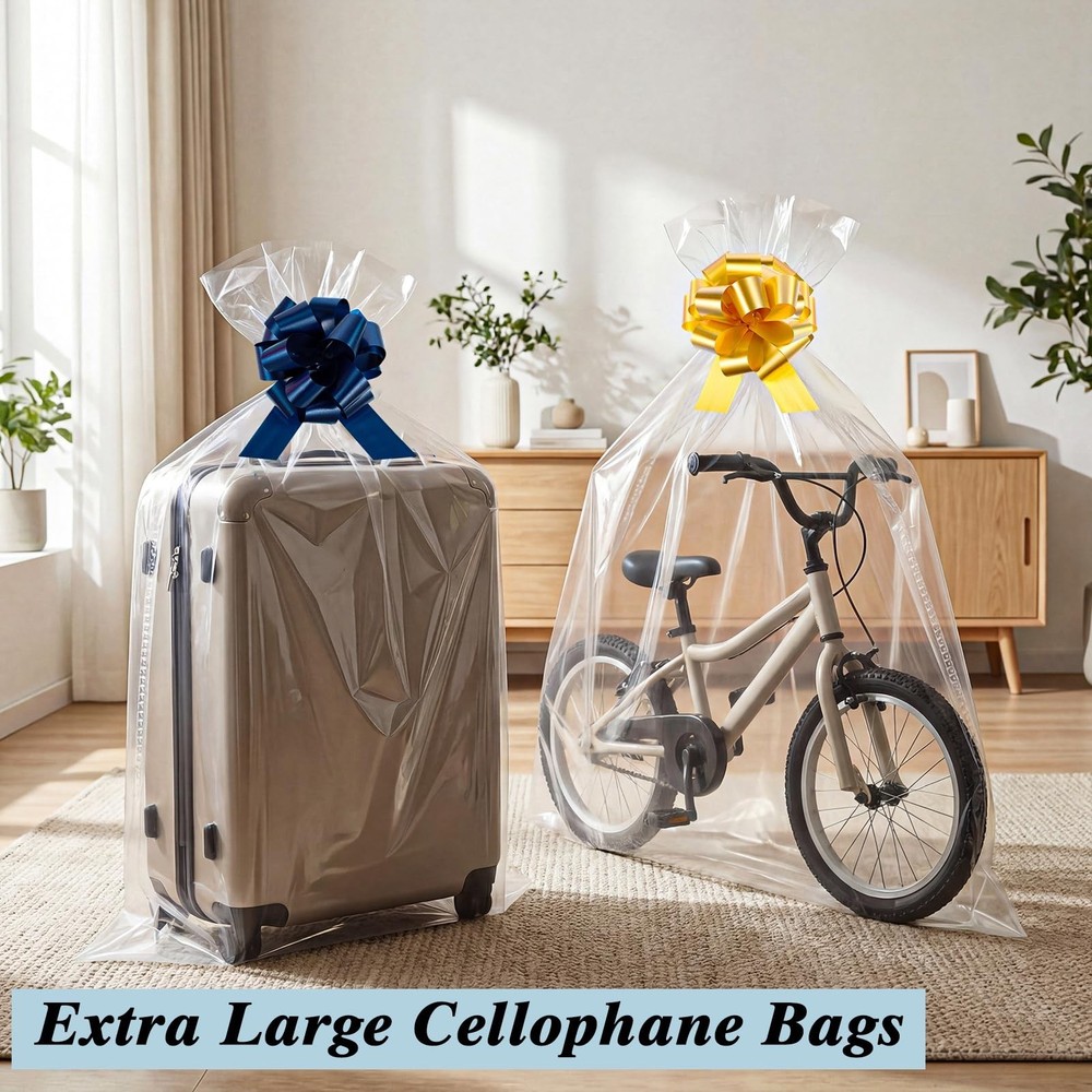 12 PCS Extra Large Cellophane Bags 40x50 Inch Easter Wrap 12 Pull Bows