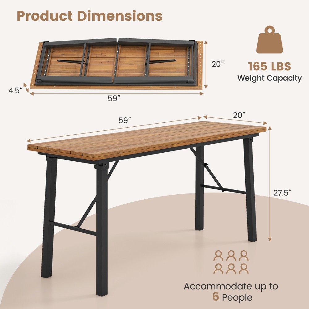 Folding Picnic Table & Bench Set Dining Table w/ Metal Frame for 4 or 6 Persons
