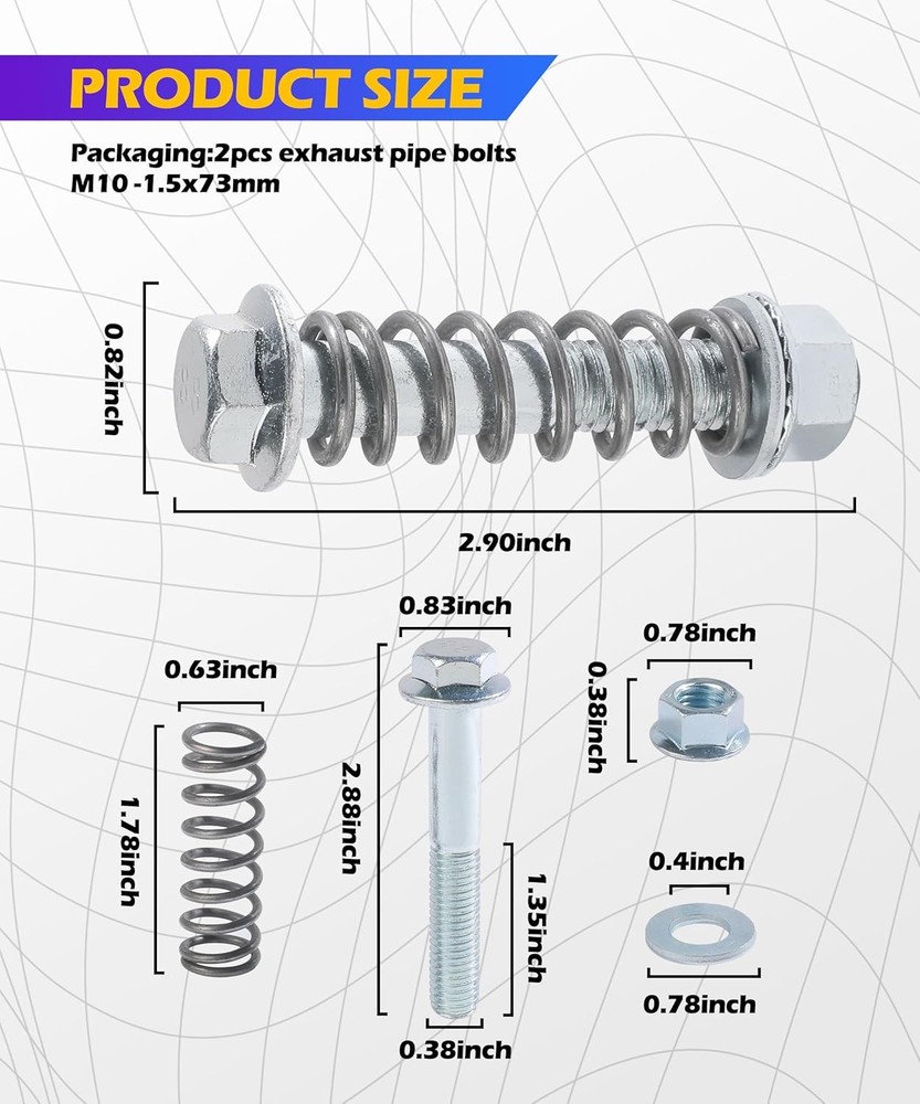 2pc Exhaust Flange Spring Bolt Kit M10x1.5 Manifold Studs & Nuts Silver