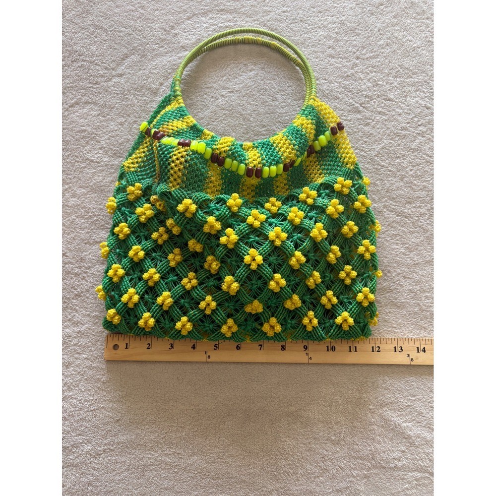 Handmade Macrame Beaded Tote Bag Unique Design Green Yellow
