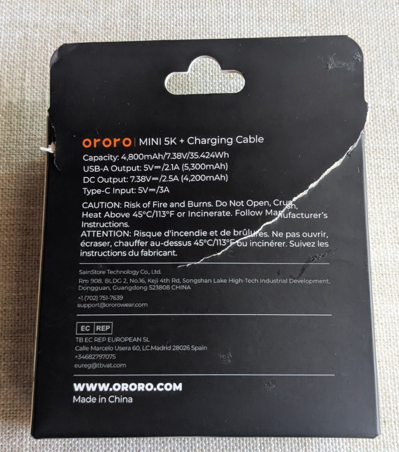 ORORO Mini 5K Heated Apparel Battery Pack + Charging Cable