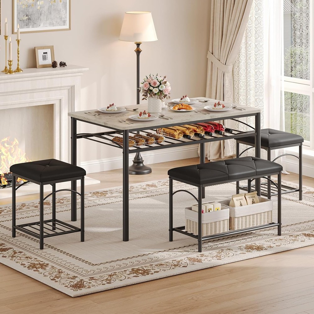 Set for 4 Dining Table Set Kitchen Table W Upholstered Bench and 2 Stools