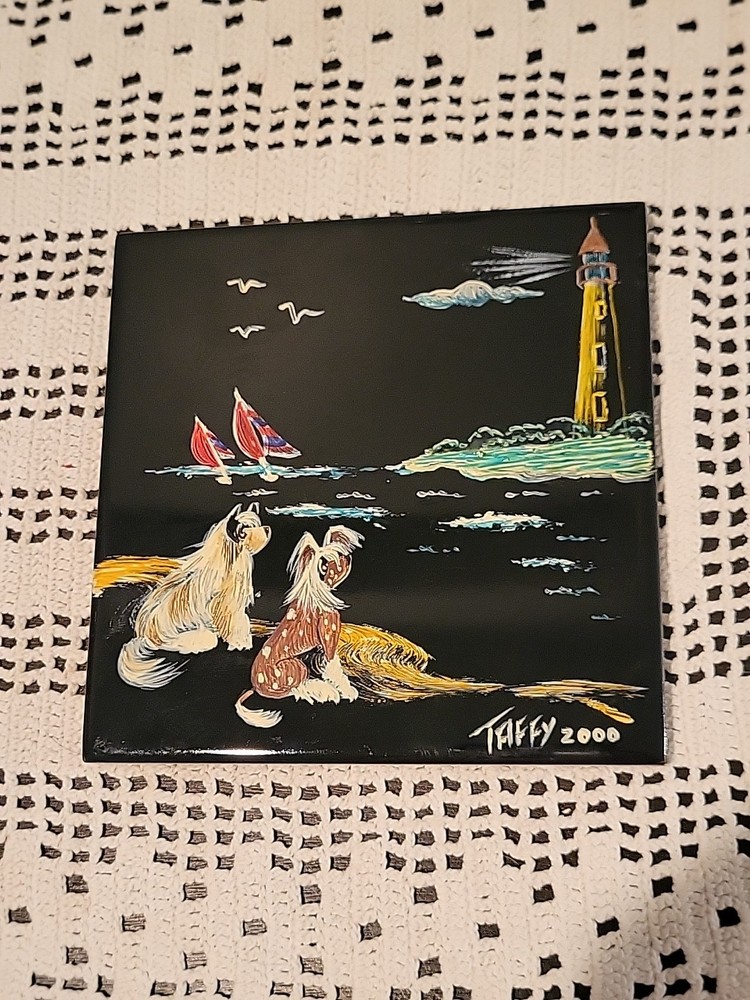 Hand Painted Dog Ceramic Tile 6" Square Multicolor 2000 Y2K Lighthouse Signed
