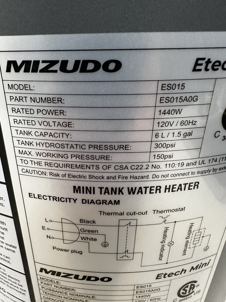 Mizudo Etech 1.5 Gal. Mini 1440-Watt 120-Volt Point of Use Electric Water Heater