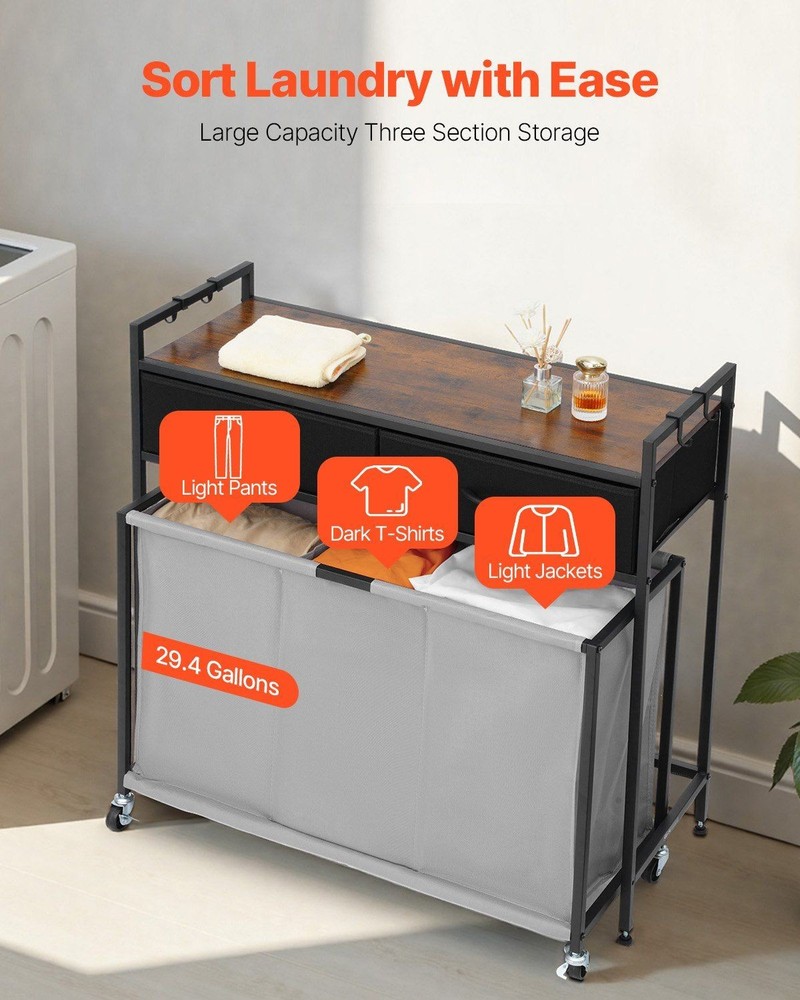 3-Section 29.4Gal Rolling Cabinet with Laundry Bins, Wall-Mount Ready