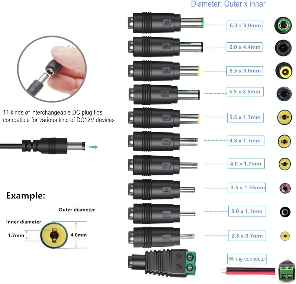 DC12V Power Supply 1A 12V AC Adapter with 11 Changeable DC Plug Tips...