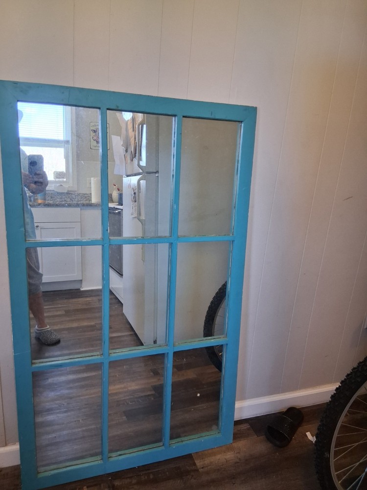 Antique Blue Multi-Pane Rectangular Wooden Glass Window Frame
