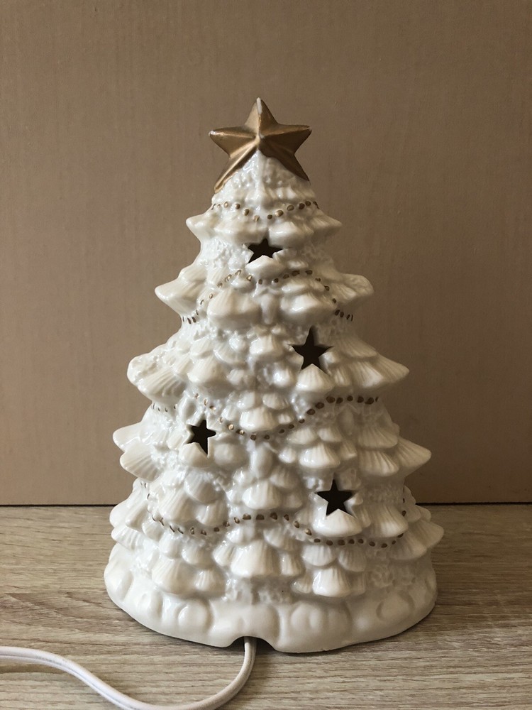 White Ceramic Christmas Tree Night Light Lamp W/reflecting Stars
