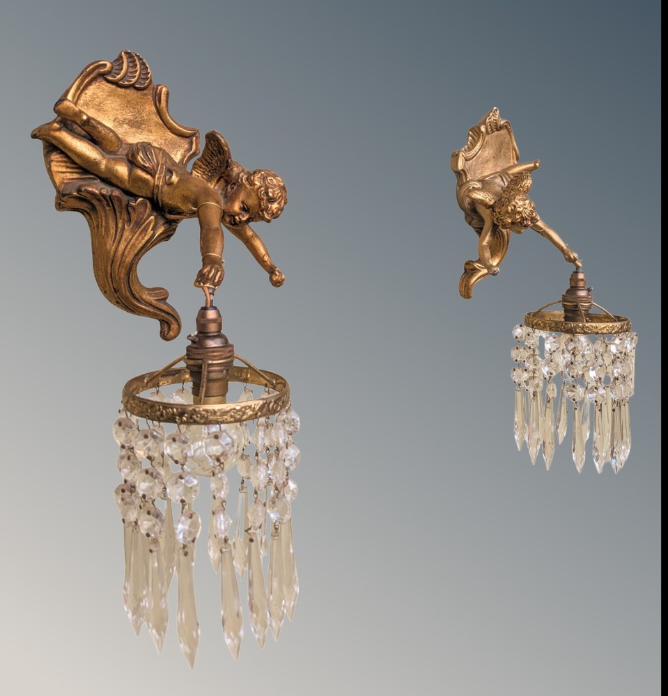 Pretty Pair Gilt Cherub Wall Lights Crystal Drops