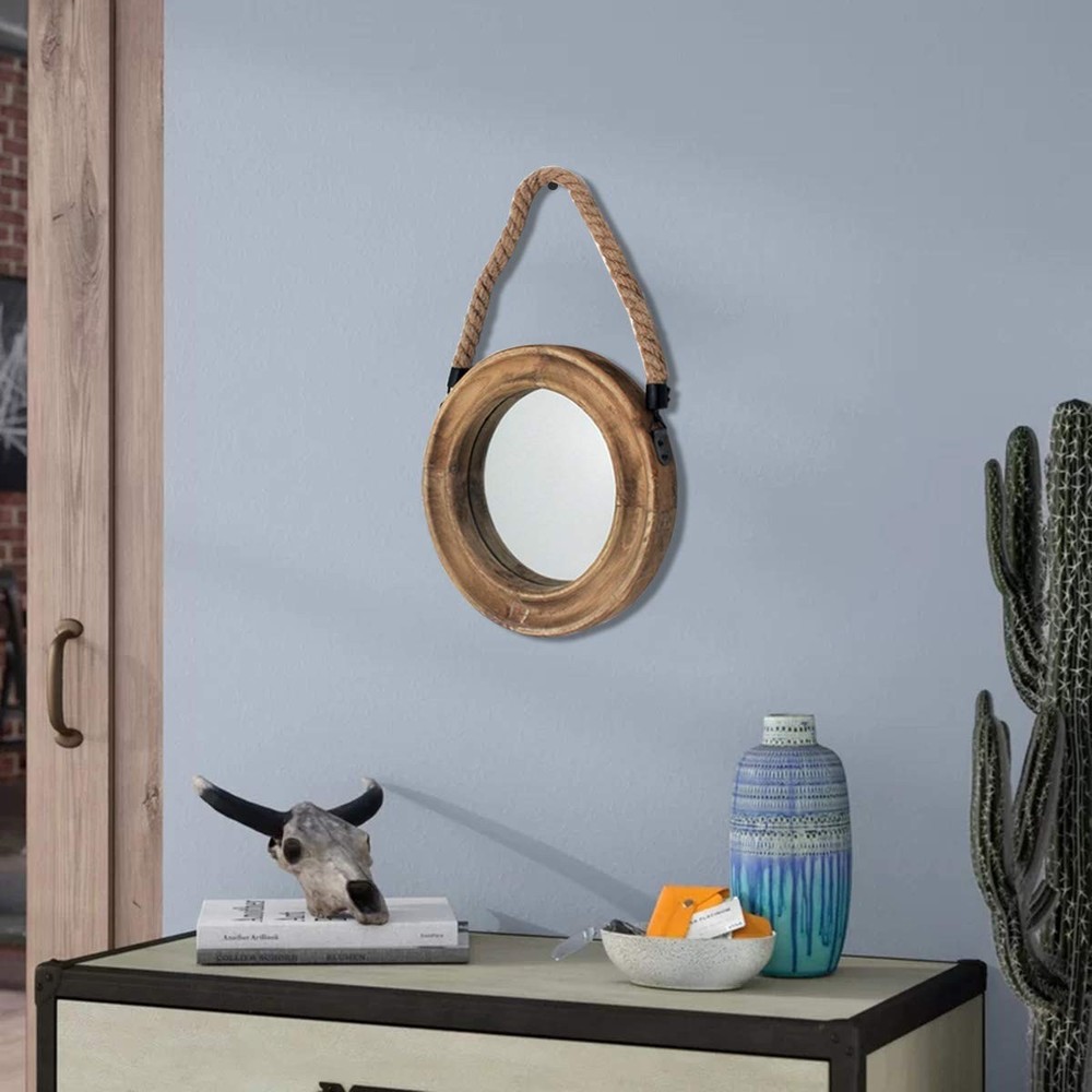 Rustic Round Decorative Mirror with Solid Wood Frame&Rope Hanging,Farmhouse A...