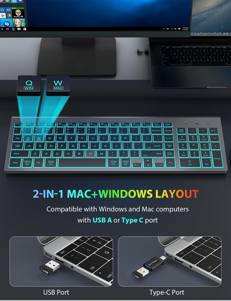 Wireless Keyboard Mouse Combo Backlit Compact Quiet Rechargeable Space Gray