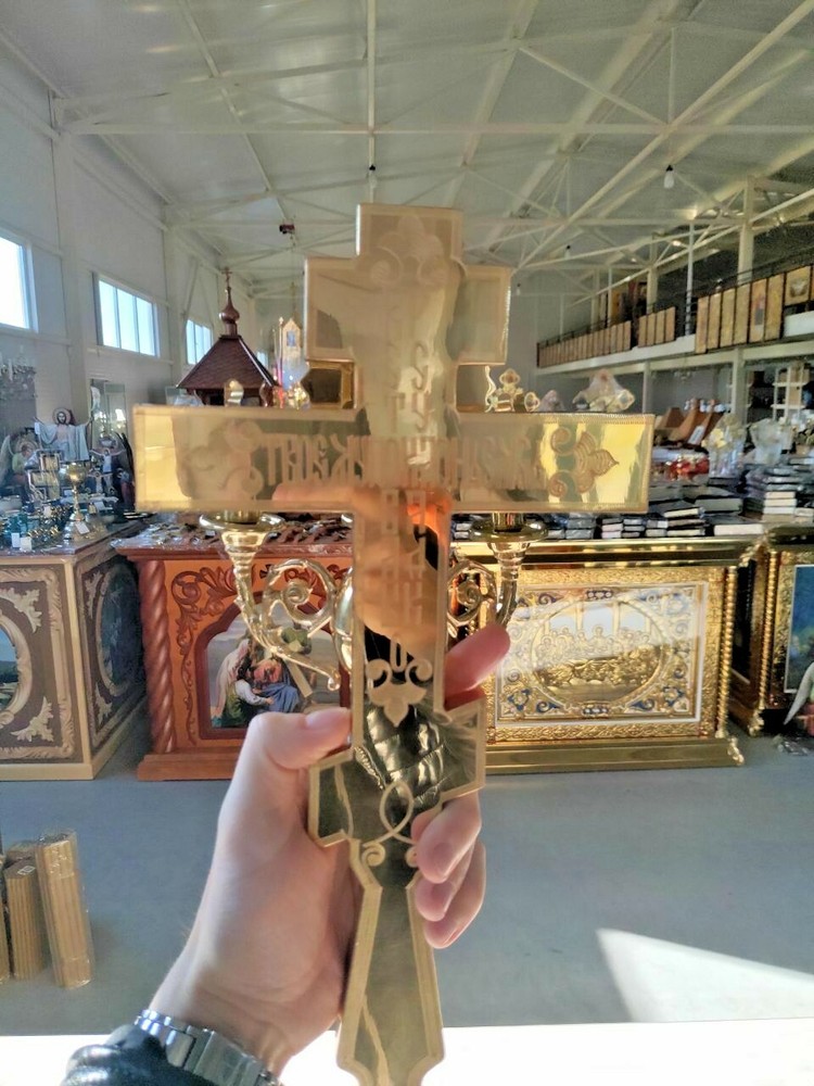 Easter three candlestick on the cross cast brass 13.77"