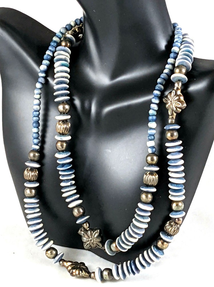Vintage Boho Long Blue White w/ Silver Tone Necklace