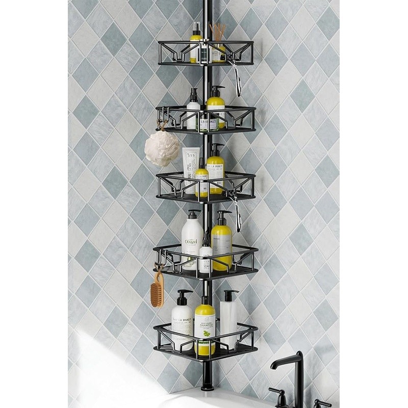 Height Adjustable Corner Tension Pole Shower Caddy 5 Baskets Rust Proof 2 Hooks