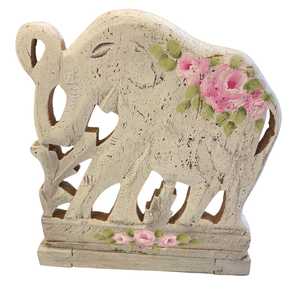 Carved Elephant Folding Book Rack Holder Hand Painted Chippy Boho Shabby Signed