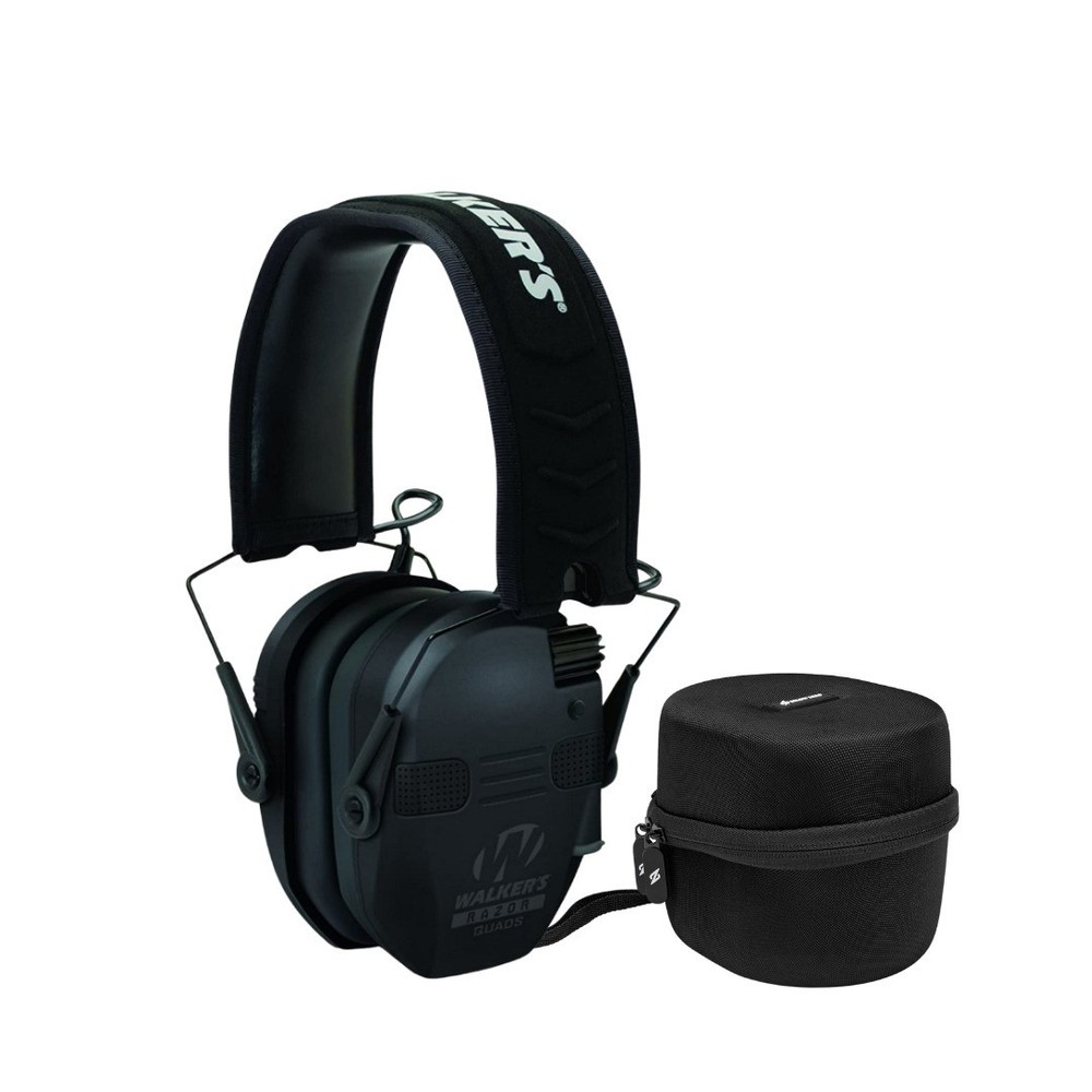 Walker's Razor Quad Electronic Black Large Muffs with Protection Case Bundle