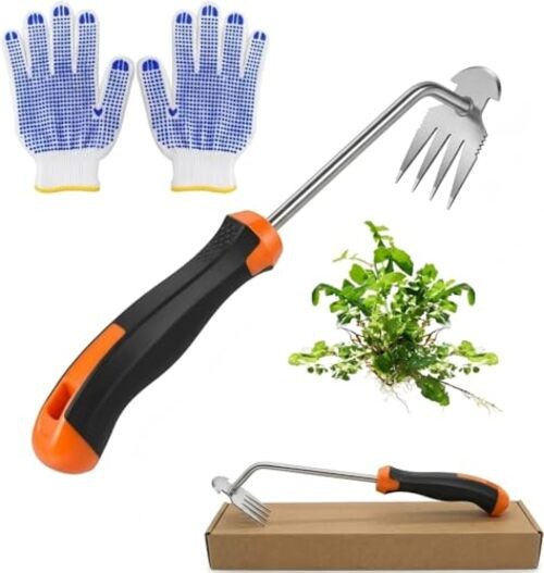 Weed Puller Tool with Thick Work Gloves, 4-Teeth Stainless Steel Hand Rubber