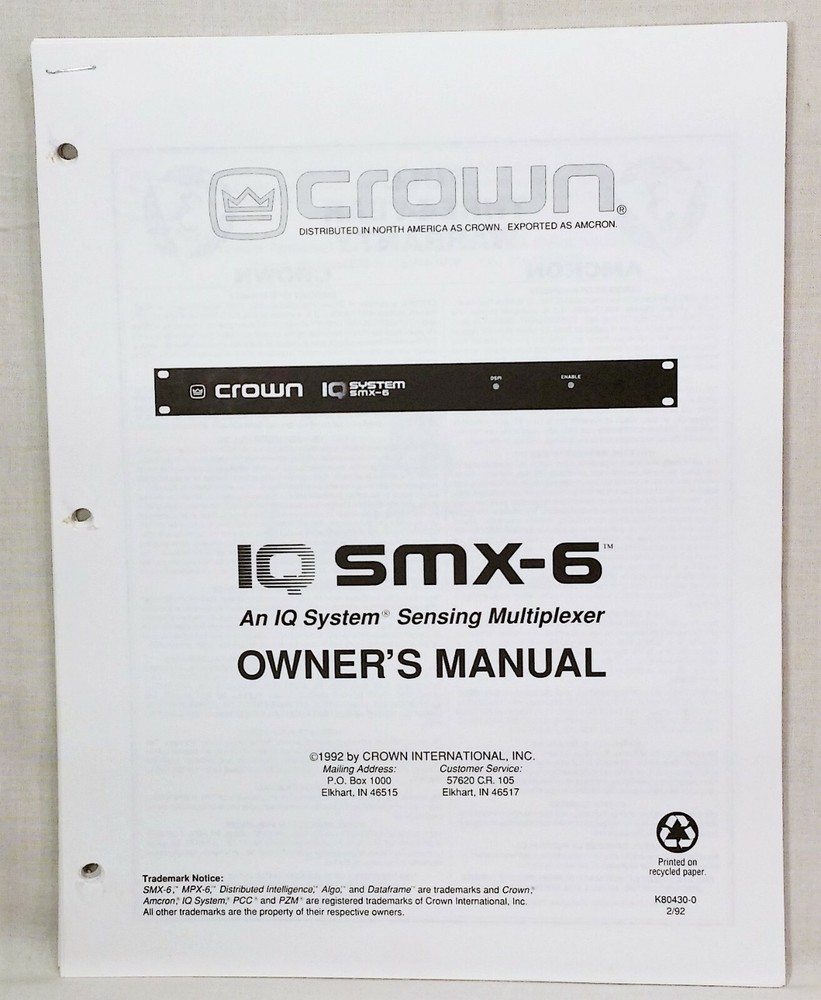 Crown IQ SMX-6 IQ System Sensing Multiplexer Owner's Manual