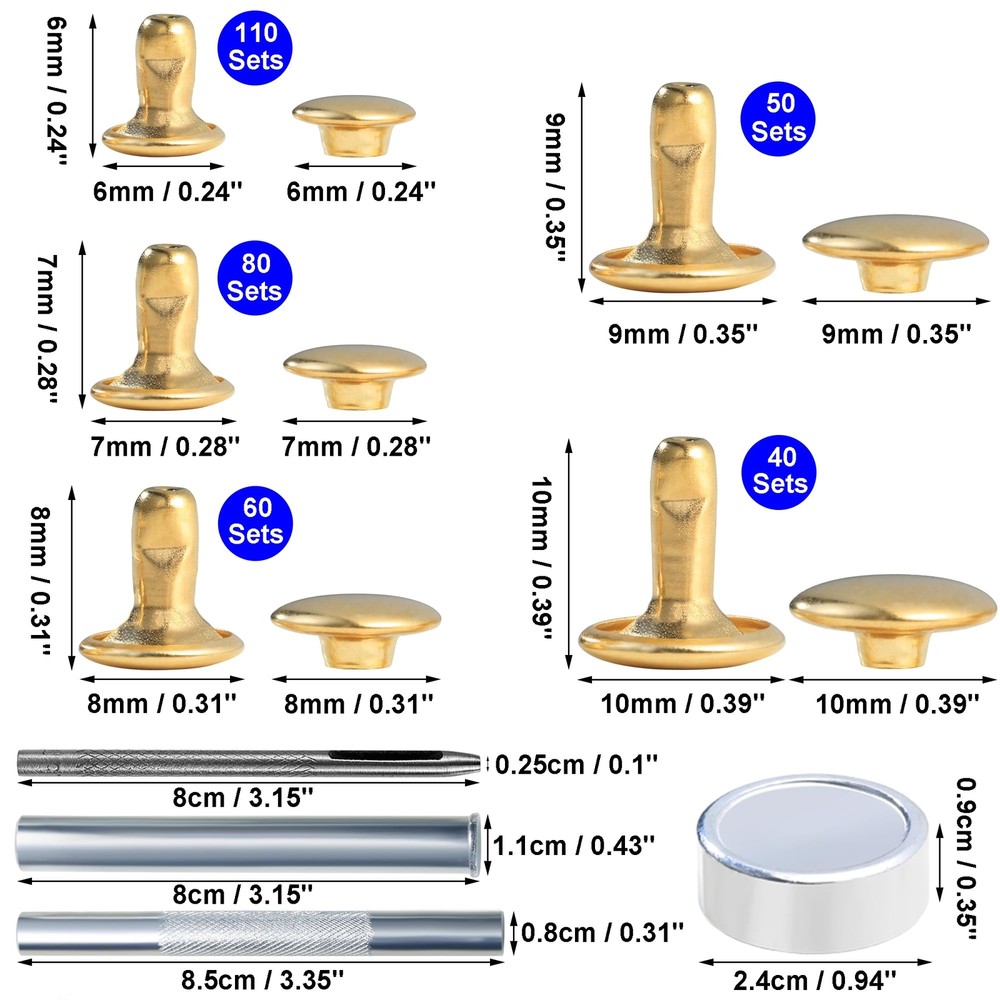 340 Sets Leather Rivets Kit Mixed Sizes Rivets for Leather Double Cap Rivets ...