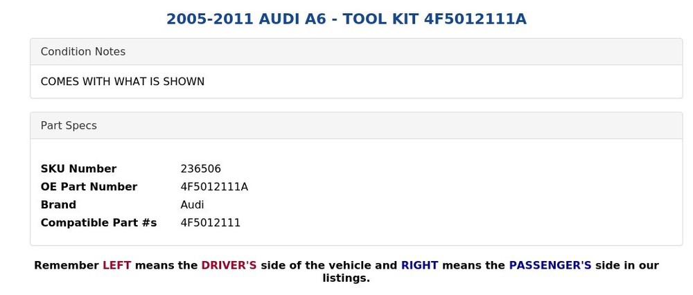 2005-2011 AUDI A6 - TOOL KIT 4F5012111A