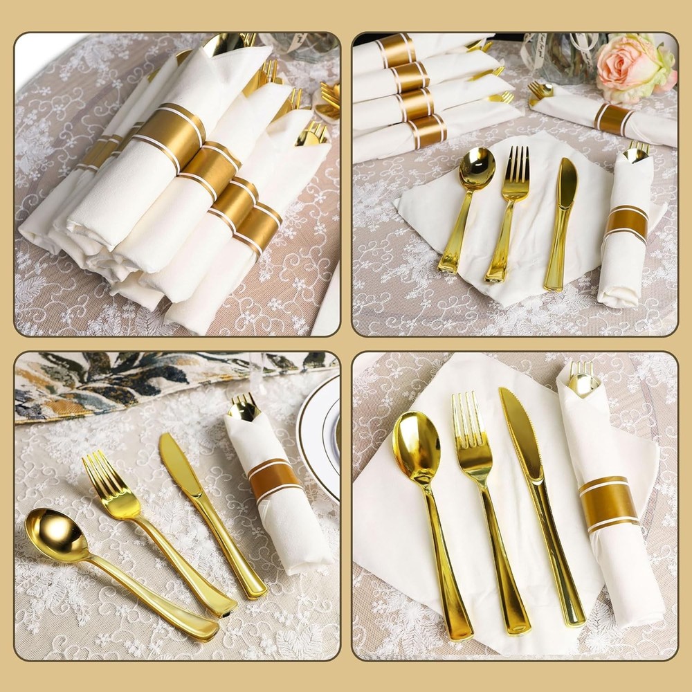 200PCS Disposable Pre-wrapped Silverware 50 Guests Elegant Gold Plastic