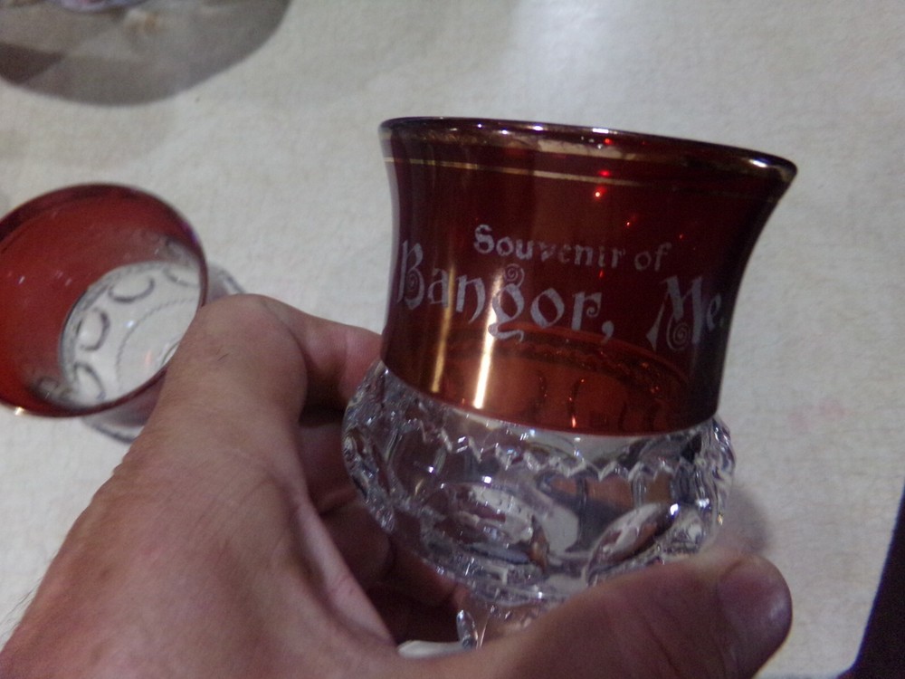 2 Tiffin EAPG Kings Crown Thumbprint Ruby Flashed Bangor Maine Souvenir Goblets
