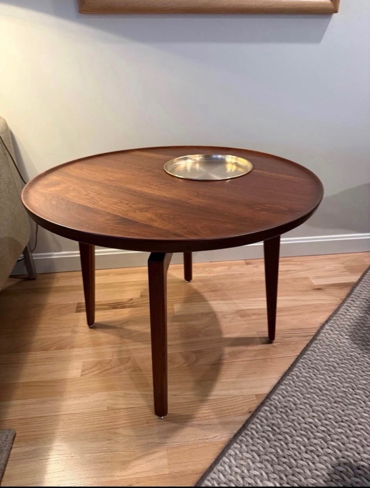 1960s Jens Risom Solid walnut Round Table With Brass Tray Mid century