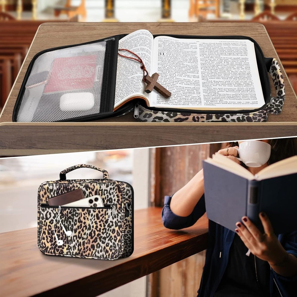 Leopard Large Bible Cover with Shoulder Strap & Organizer