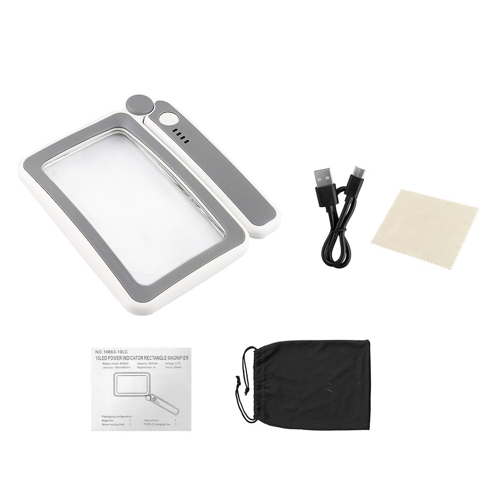 Rechargeable Rectangular Magnifier 4x 10 Led Light Touch Control For Needlework