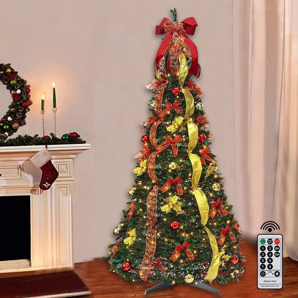 6Ft Pre-lit Christmas Tree Fully Decorated Pull-Up Christmas Tree with Remote