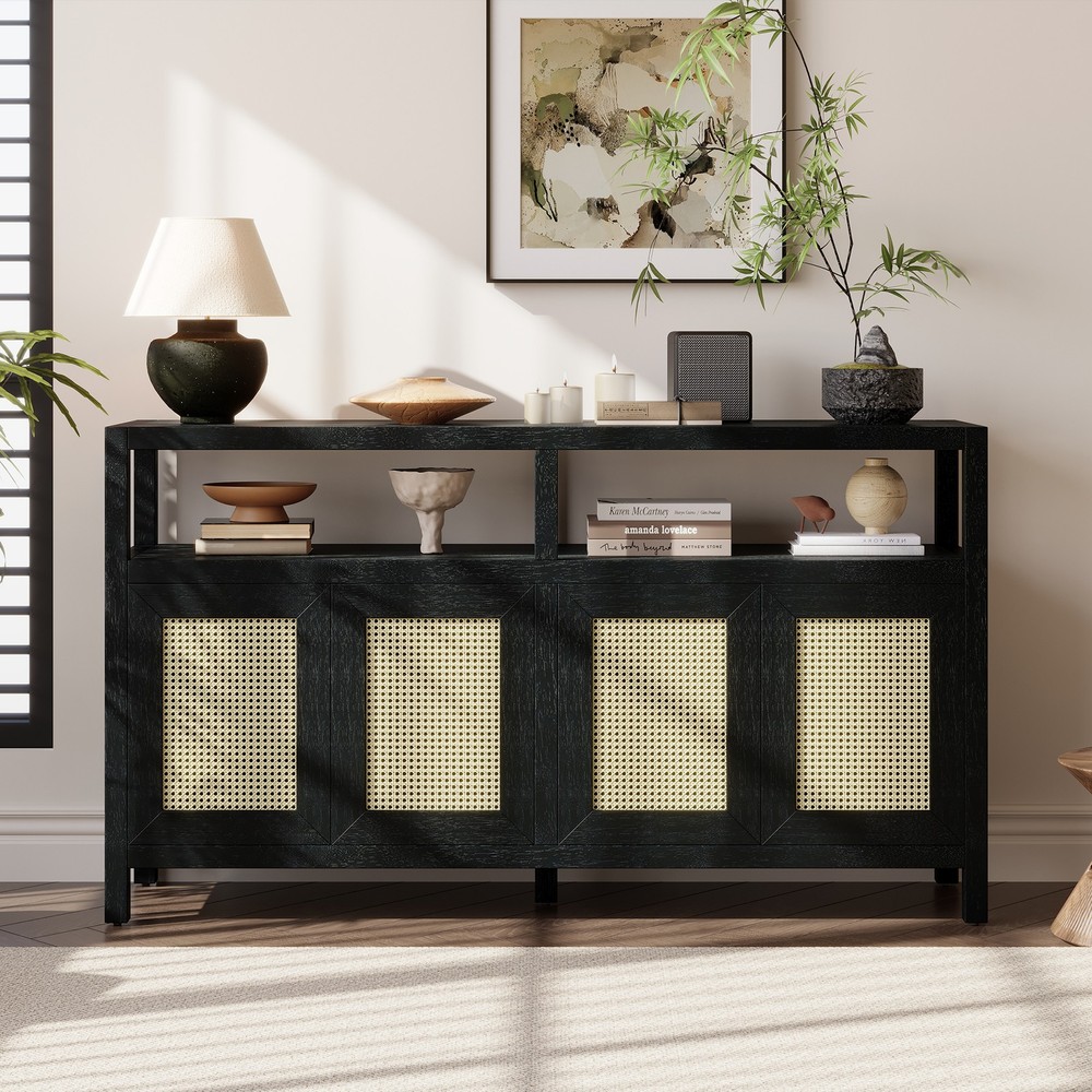 TREXM Bohemian Style Rattan Buffet Storage Cabinet with Solid Wood Frame, Side