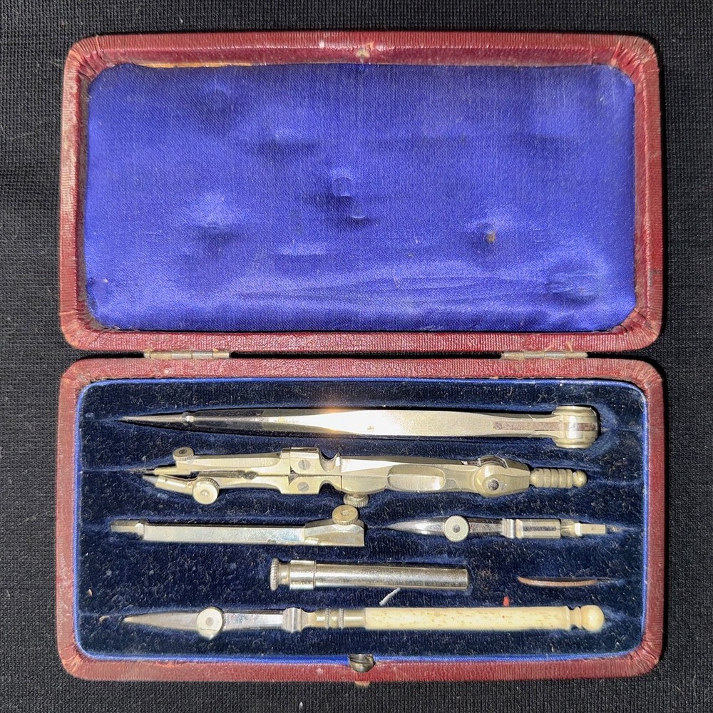 Vintage Drafting Set Compass Bow Divider Ruling Pen Blue Velvet Leatherette Case